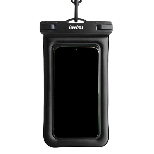 Black waterproof phone case with strap, front view