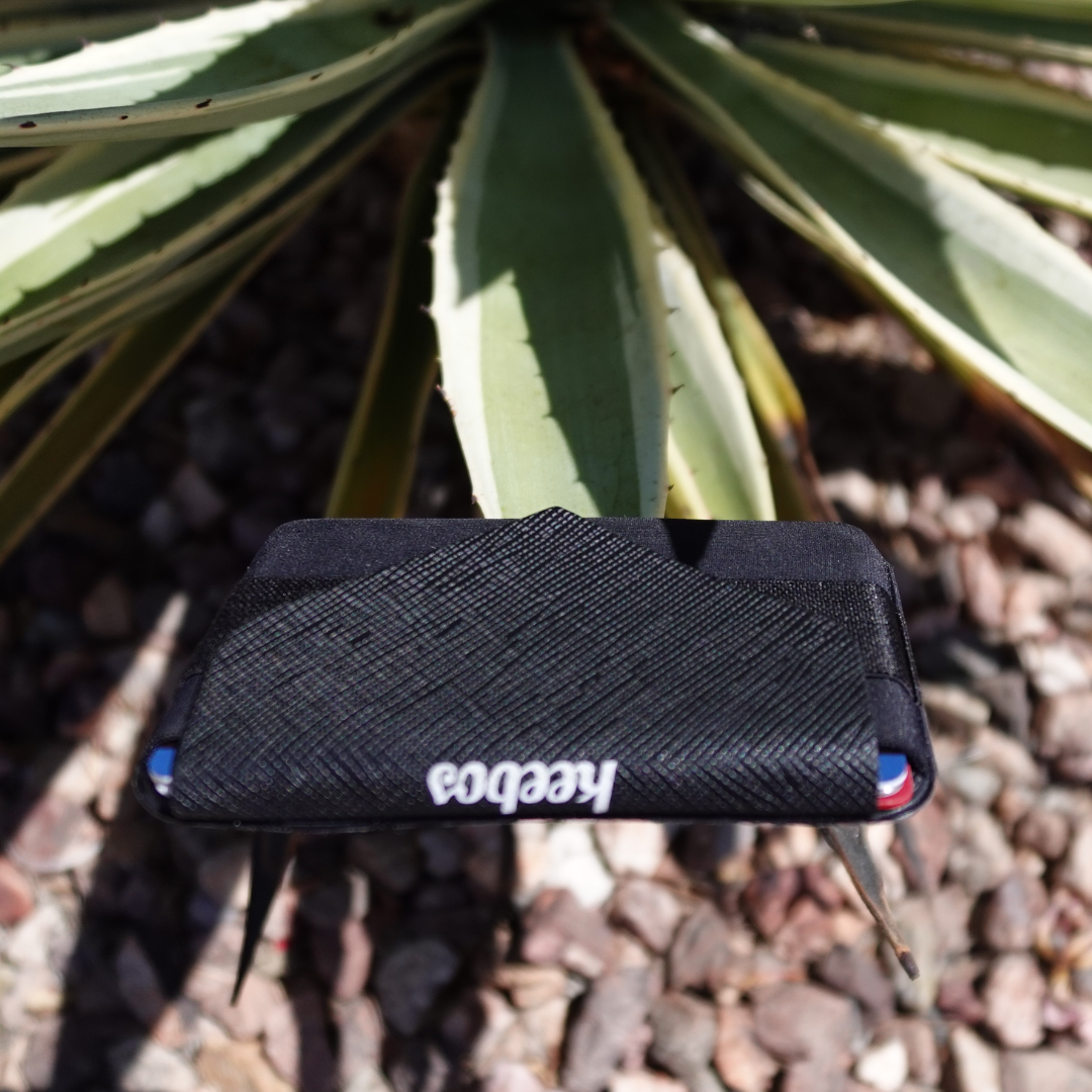 Wallet to stick on phone cases. Slim for 7 cards. With elastic finger strap to hold it easily in one hand.