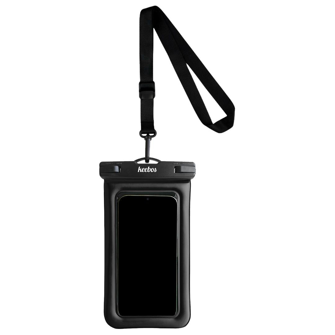 Black waterproof phone case worn at the beach