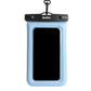 Blue waterproof phone case with strap, front view