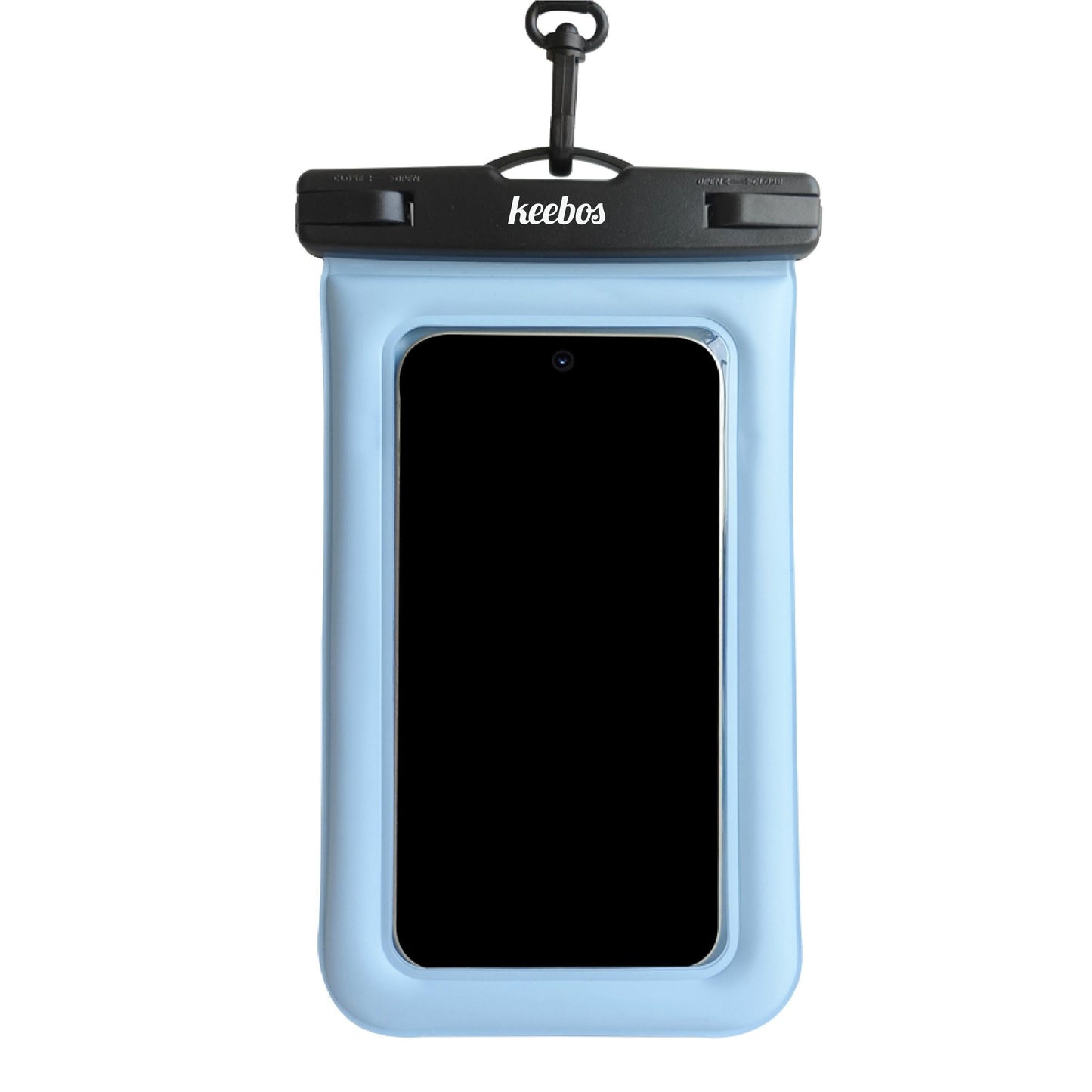 Blue waterproof phone case with strap, front view