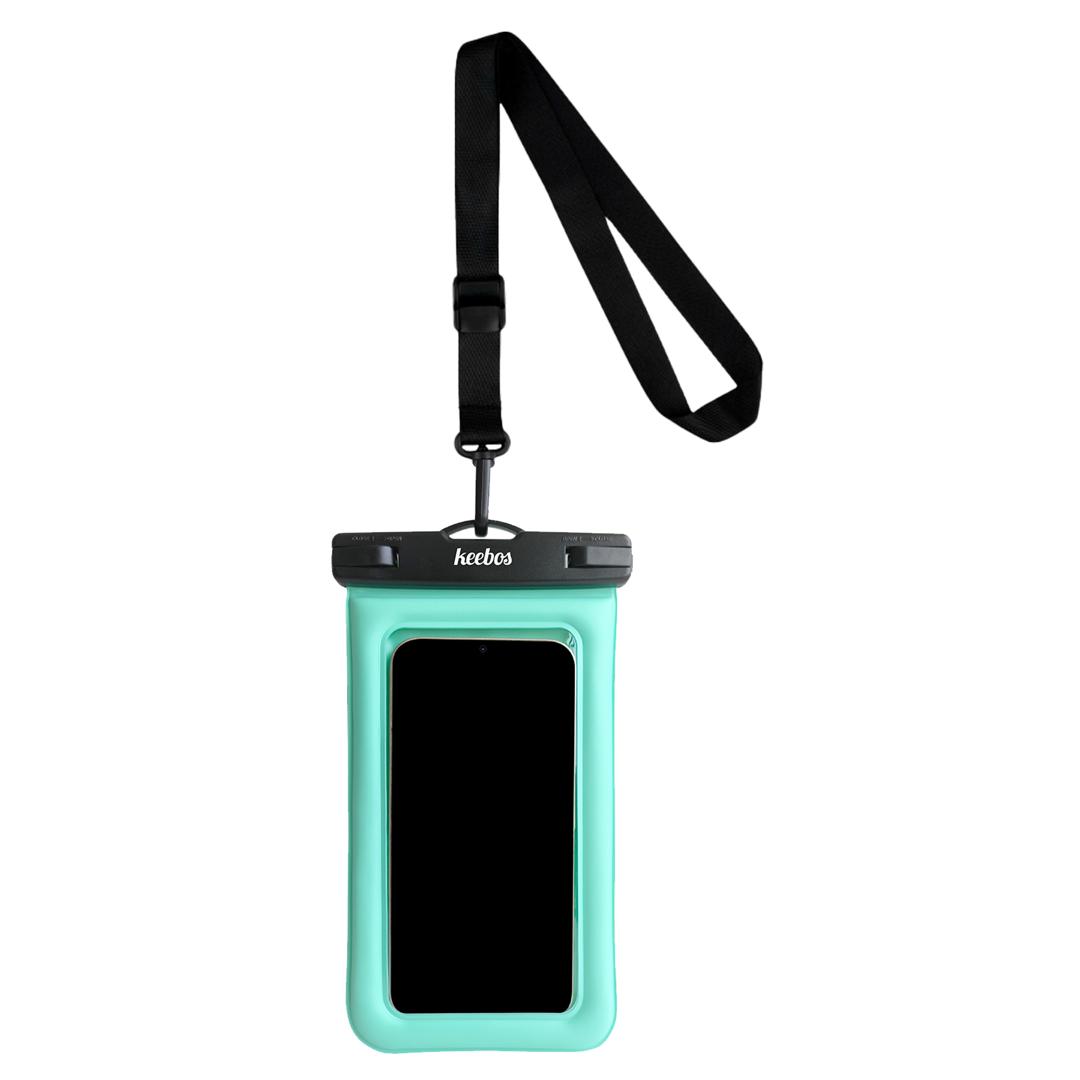 Turquoise waterproof phone case worn as a phone necklace