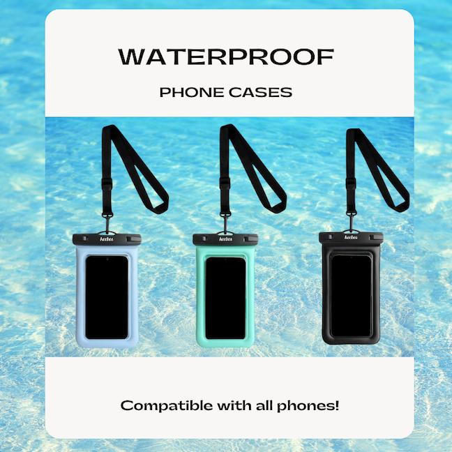 All three Keebos waterproof phone cases in the bundle: black, blue and turquoise, each with a detachable strap