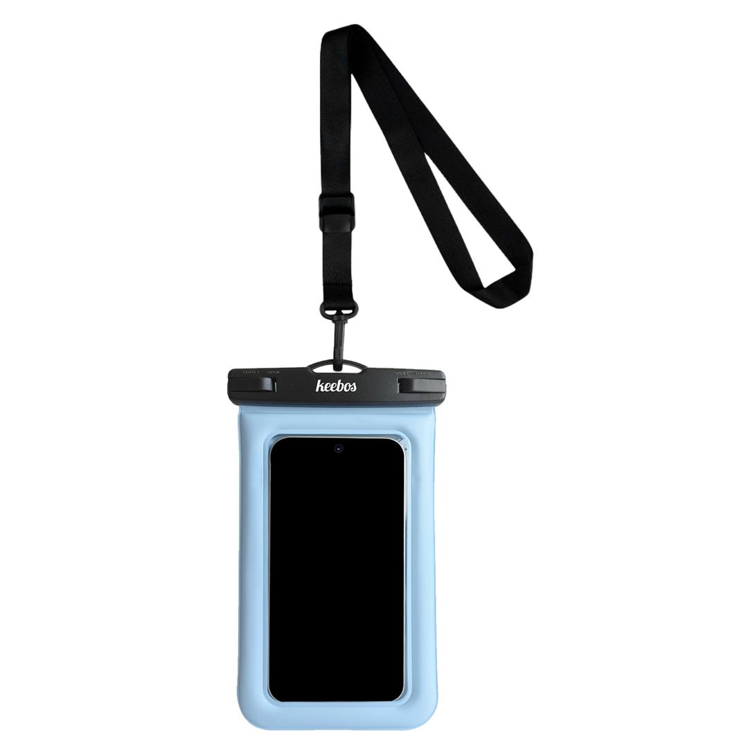 Blue waterproof phone case with strap on vacation