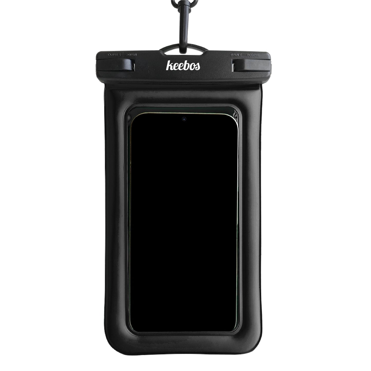 Black waterproof phone case with strap, front view