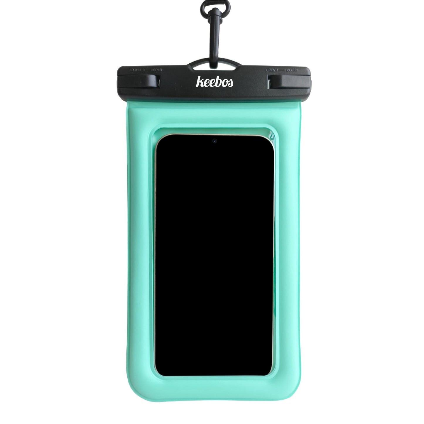 Turquoise waterproof phone case with strap, front view