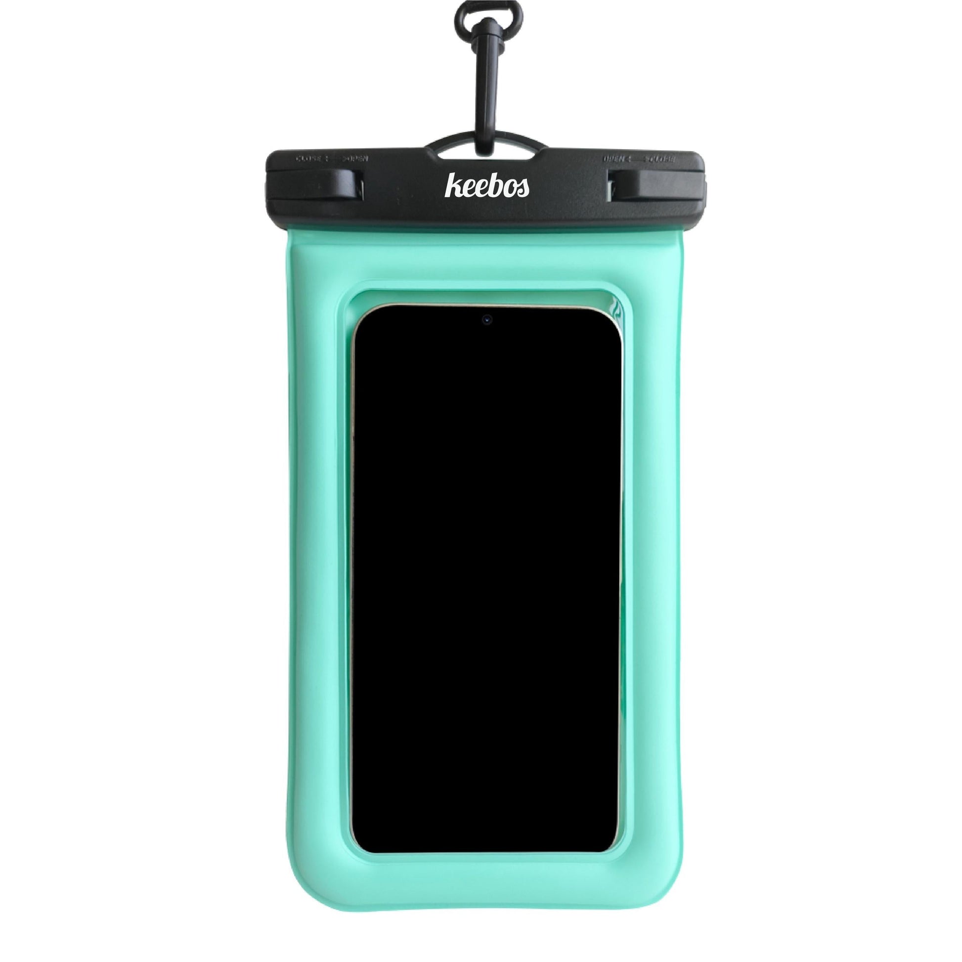 Turquoise waterproof phone case with strap, front view
