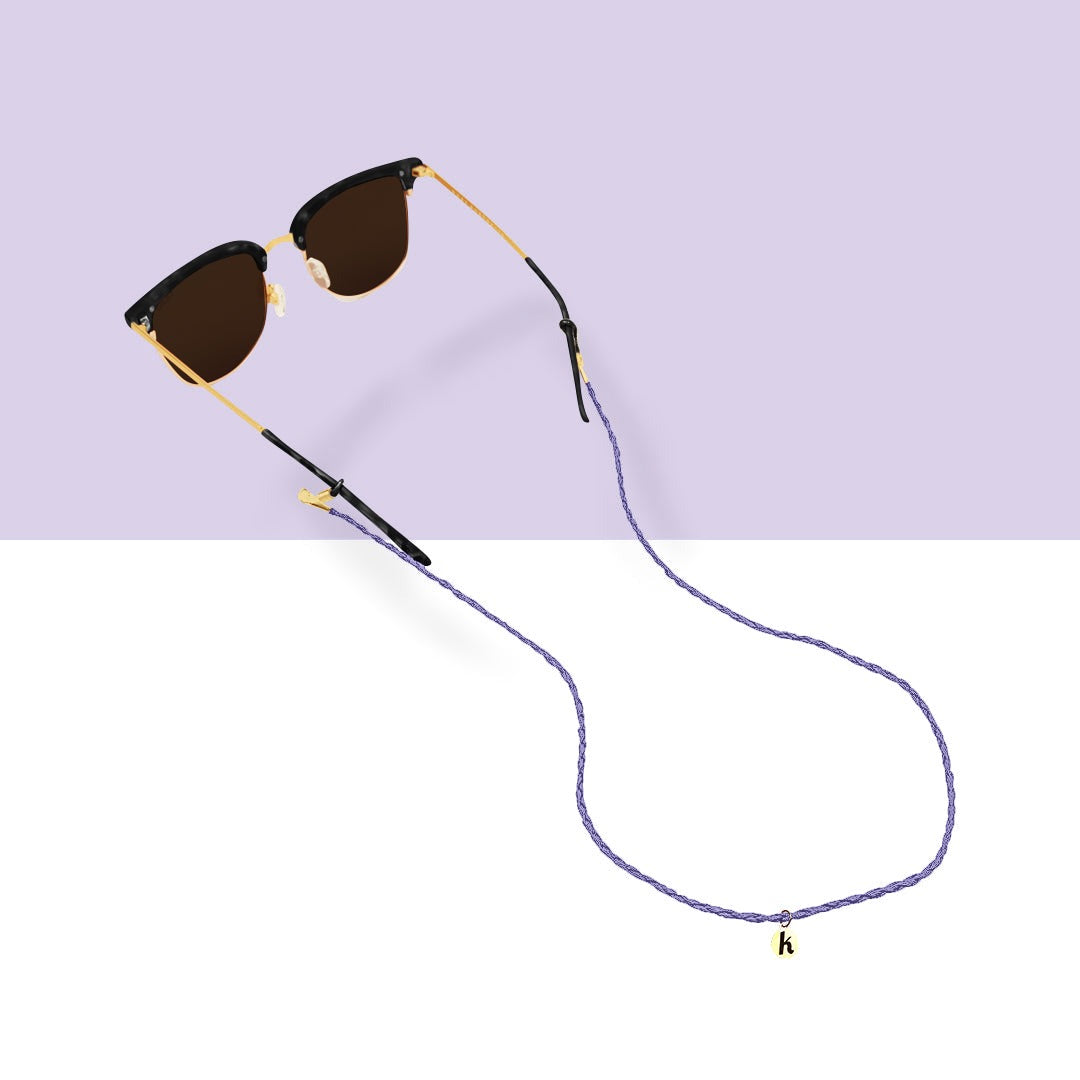 Lavender sunglass strap: light purple woven vegan leather cord on sunglasses