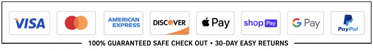 Accepted payment methods: Visa, Mastercard, American Express, Discover, Apple Pay, Shop Pay, Google Pay, PayPal. 100% guaranteed safe check out. 30-day easy returns.