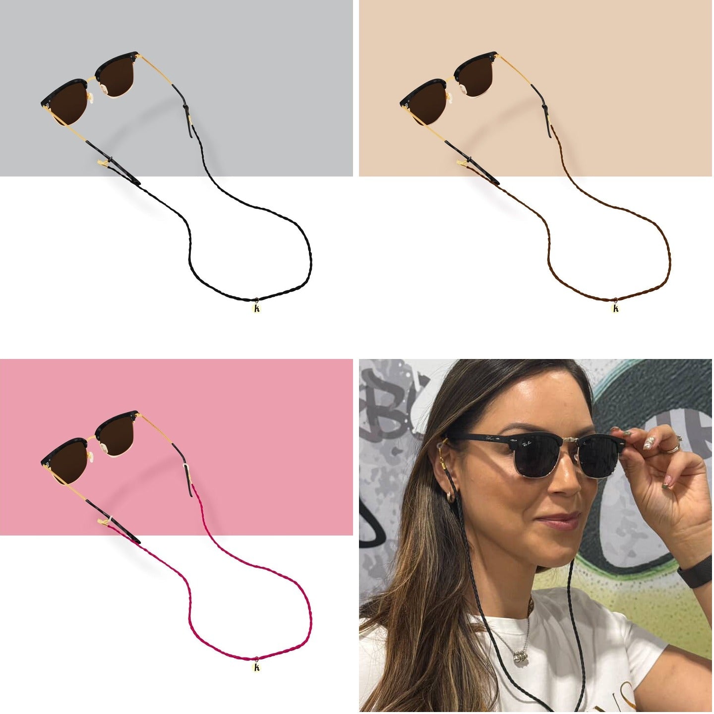 Keebos sunglass strap bundle: all three colors, black, brown and pink, plus the strap worn with sunglasses