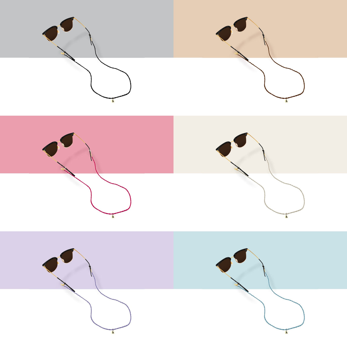 All six Keebos sunglass strap colors: black, brown, pink, cream, lavender and light blue, each on sunglasses