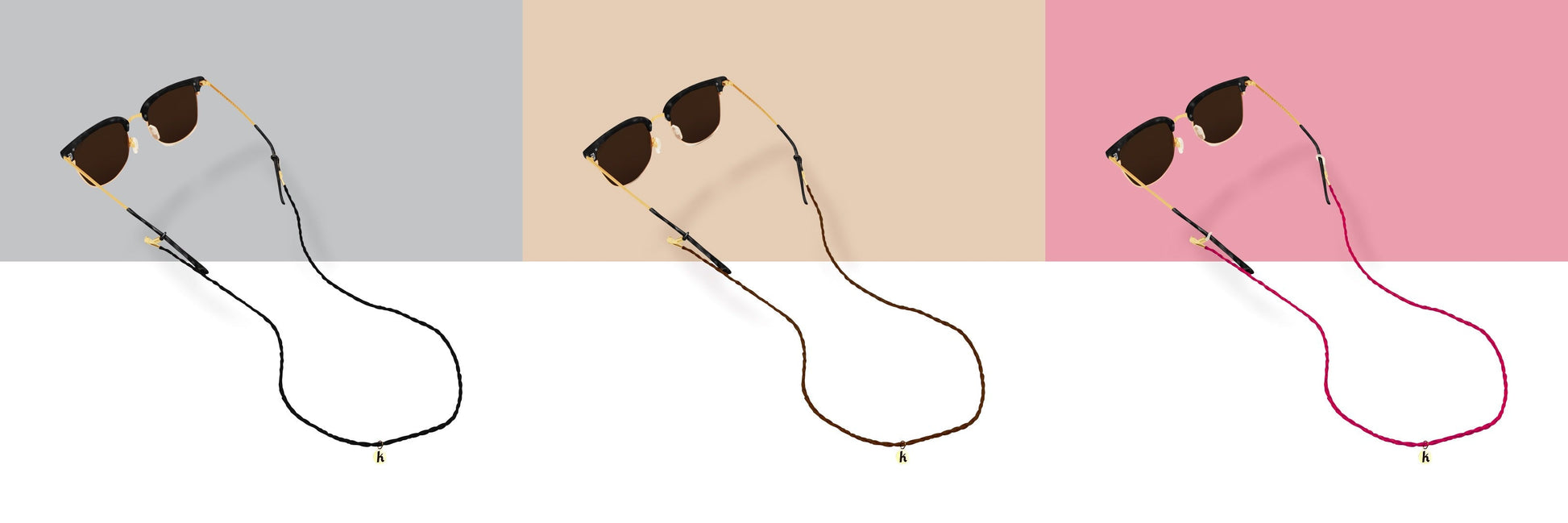All three Keebos sunglass strap colors side by side: black, brown and pink, each on sunglasses with a gold Keebos pendant